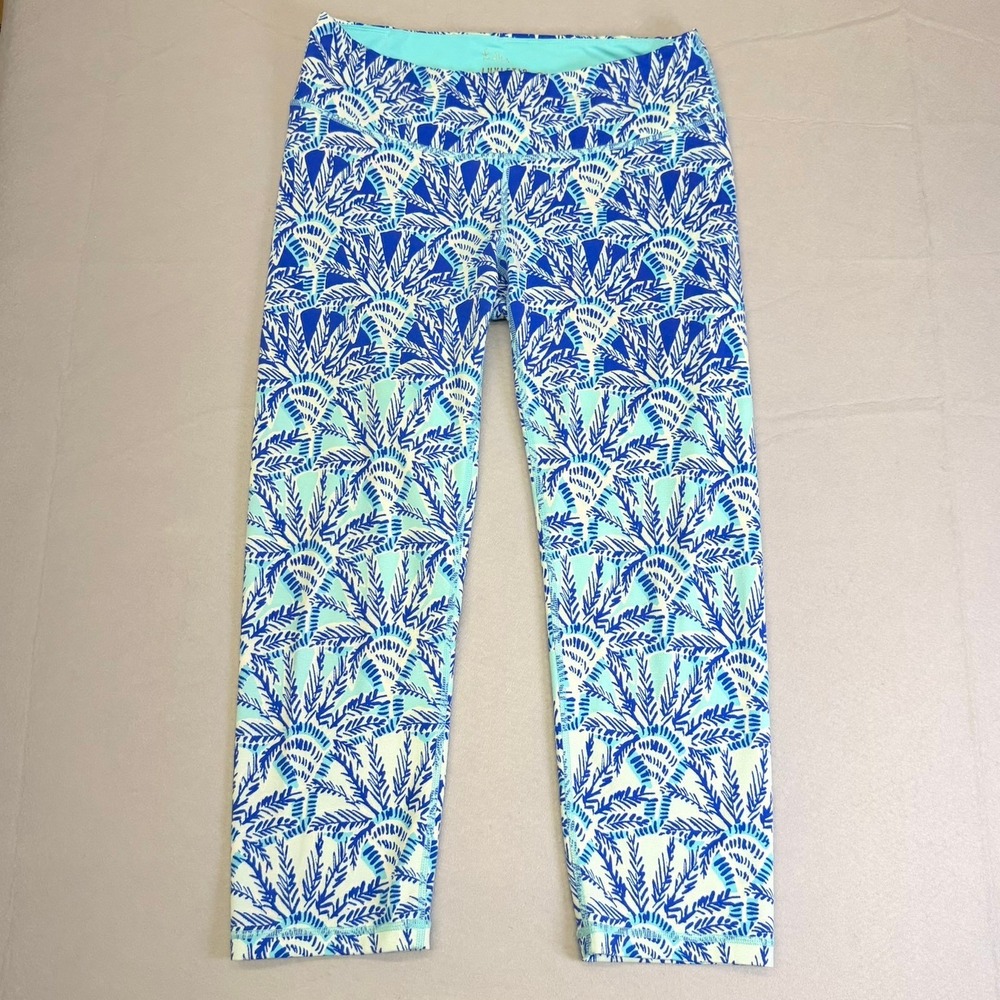Lilly Pulitzer Luxletic Leggings Womens Medium UPF 50+ Blue Tropical Palm Crop - Picture 3 of 10